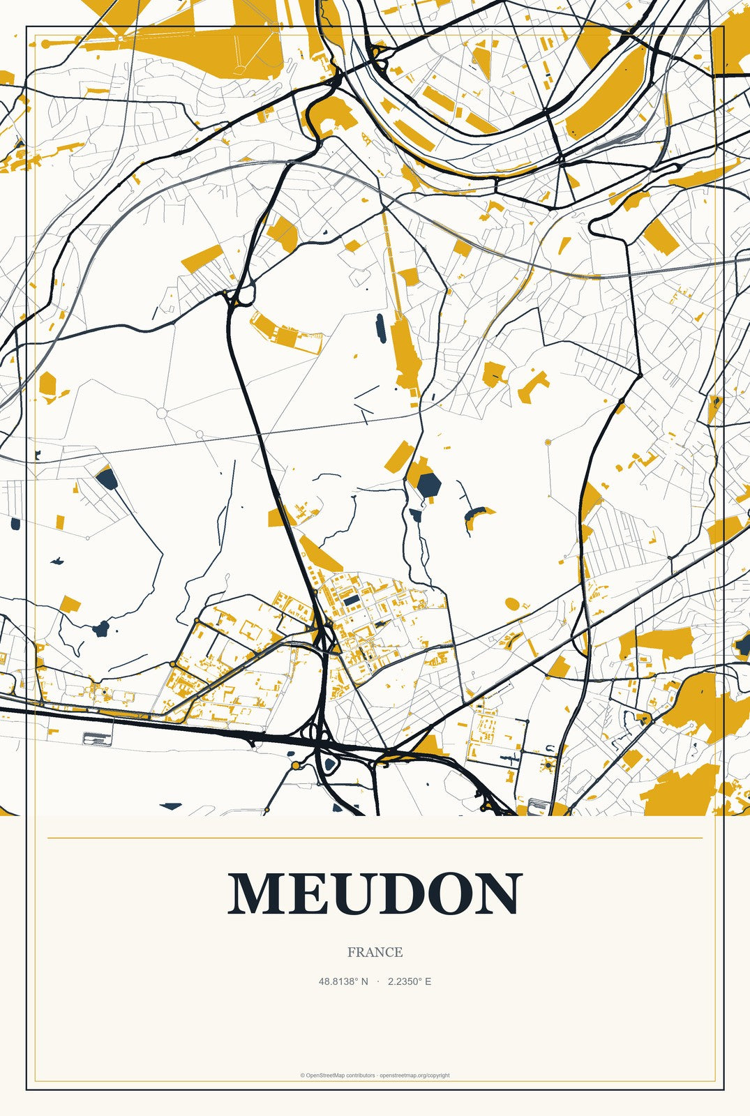 Meudon, France City Map Aluminum Sign in Citrine Modern style