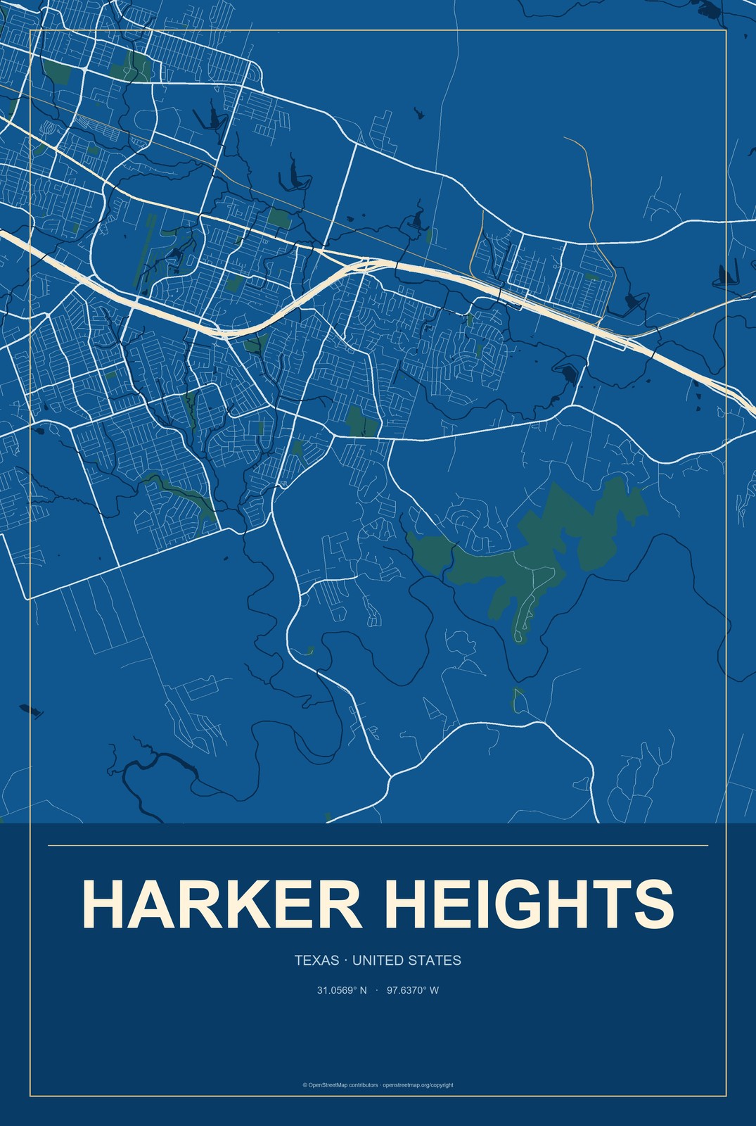Harker Heights, Texas City Map Aluminum Sign in Harbor Cobalt style