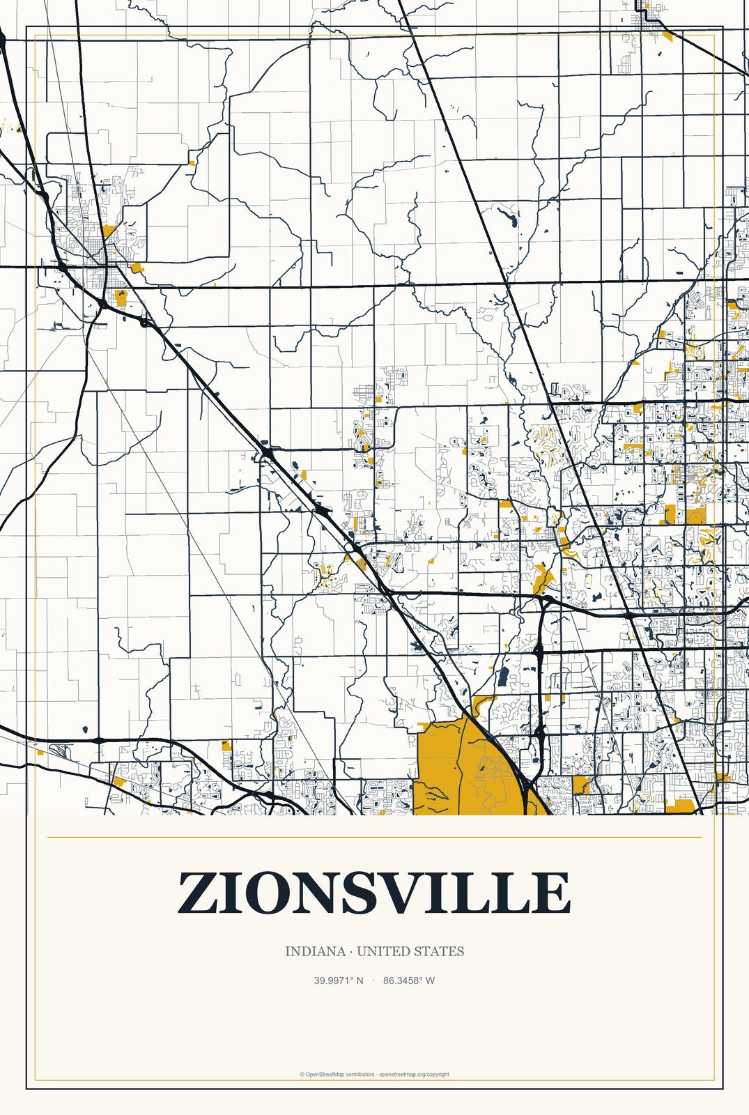 Zionsville, Indiana City Map Aluminum Sign in Citrine Modern style