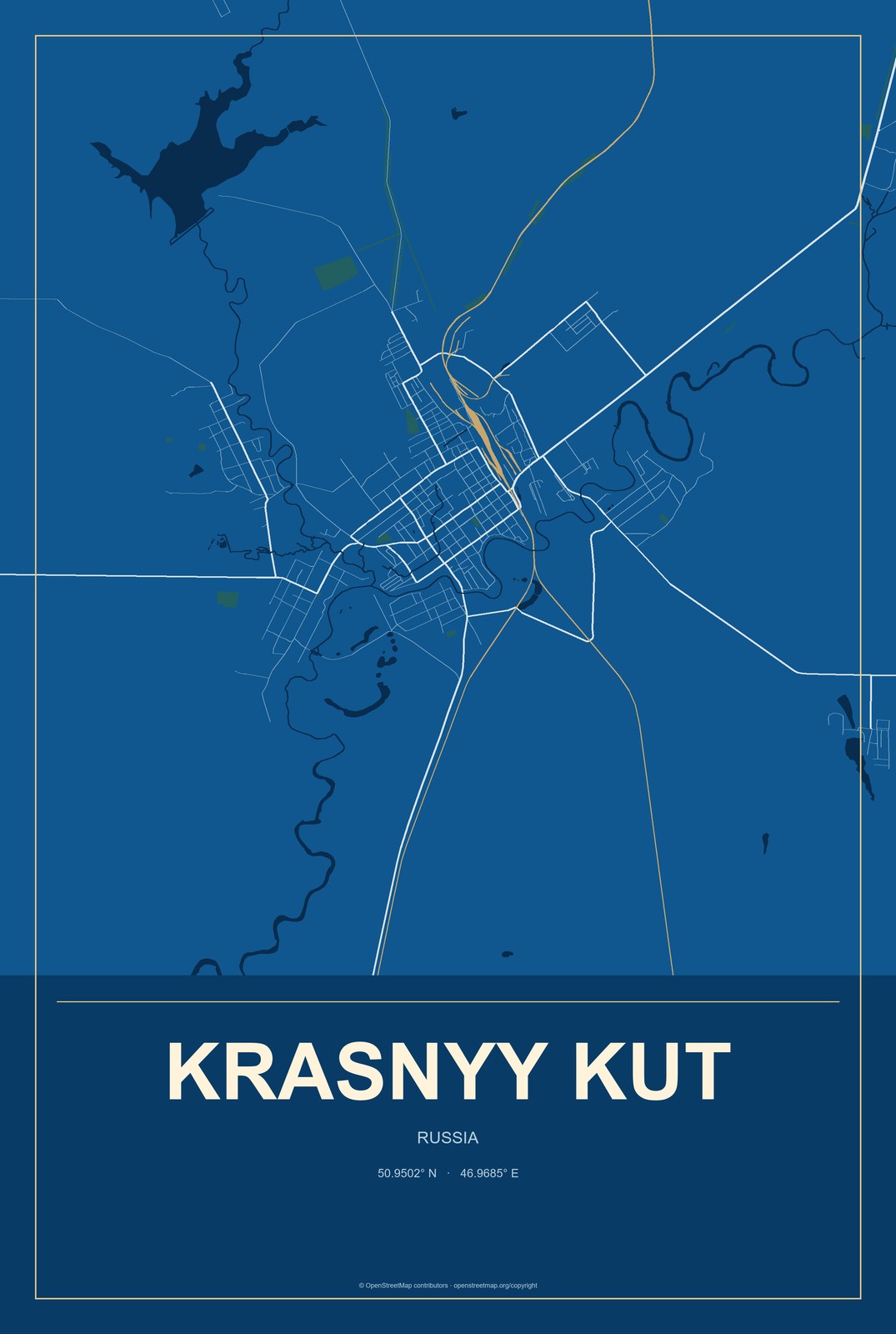 Krasnyy Kut, Russia City Map Aluminum Sign in Harbor Cobalt style