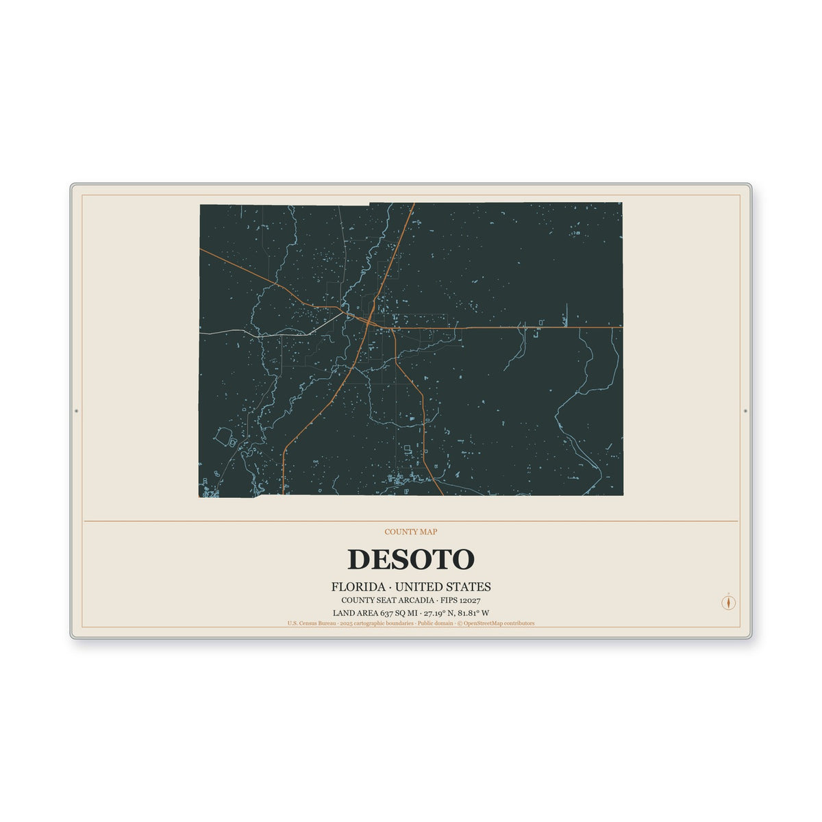 DeSoto County, Florida Map Aluminum Sign in Headline Atlas style