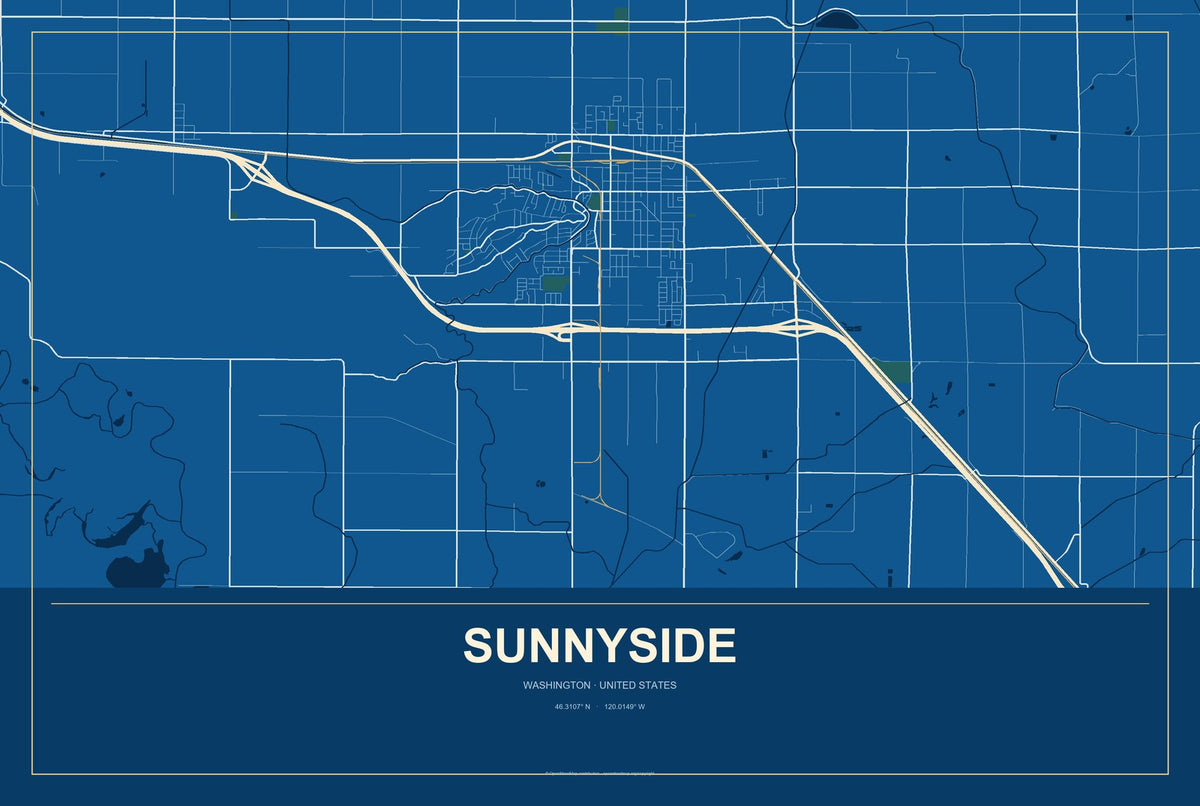 Sunnyside, Washington City Map Aluminum Sign in Harbor Cobalt style