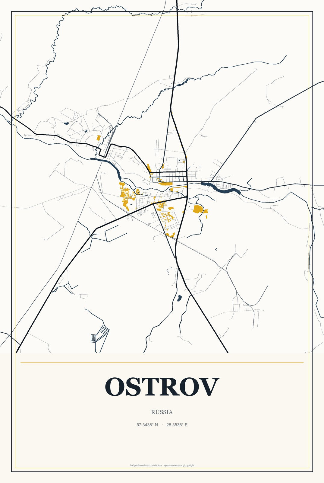 Ostrov, Russia City Map Aluminum Sign in Citrine Modern style