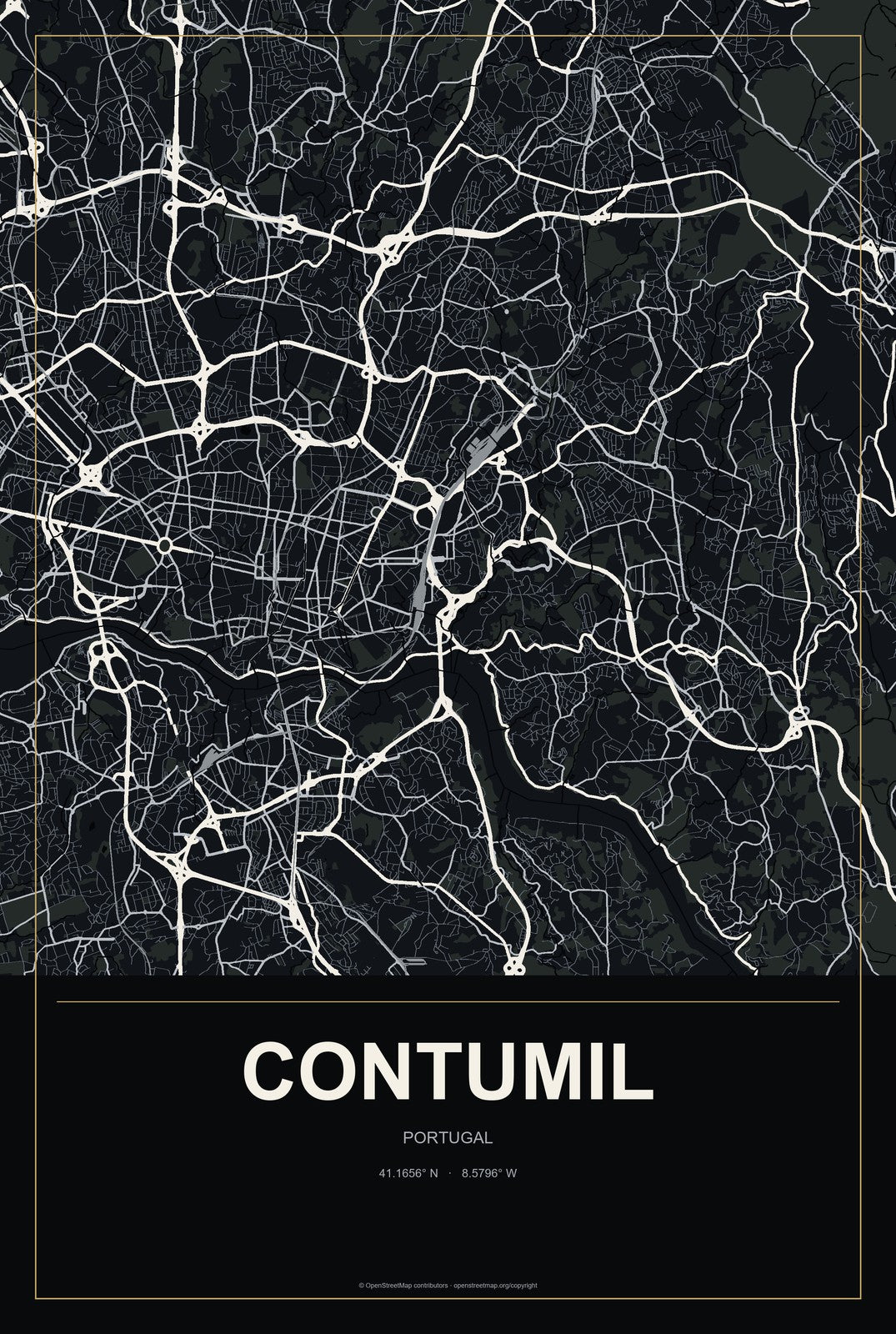 Contumil, Portugal City Map Aluminum Sign in Metropolitan Noir style