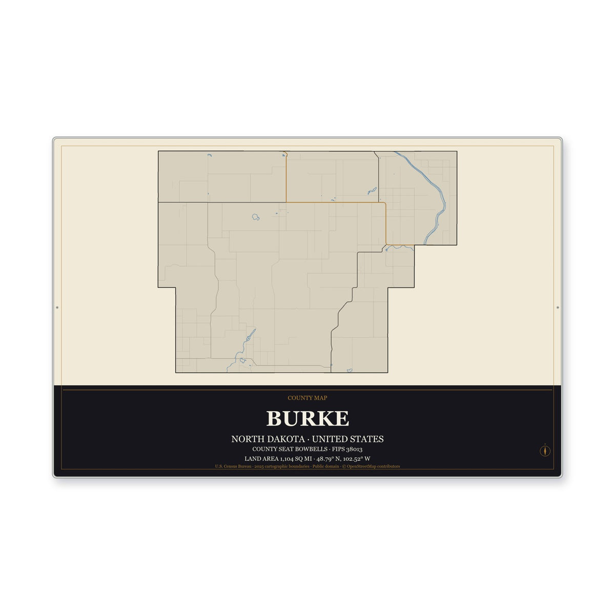 Burke County, North Dakota Map Aluminum Sign in Museum Plaque style
