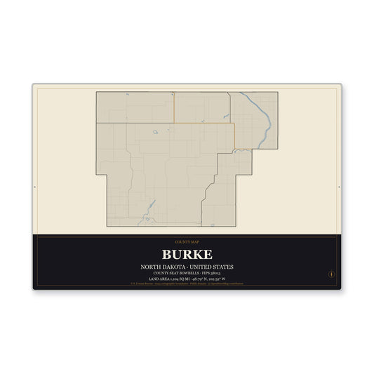 Burke County, North Dakota Map Aluminum Sign in Museum Plaque style