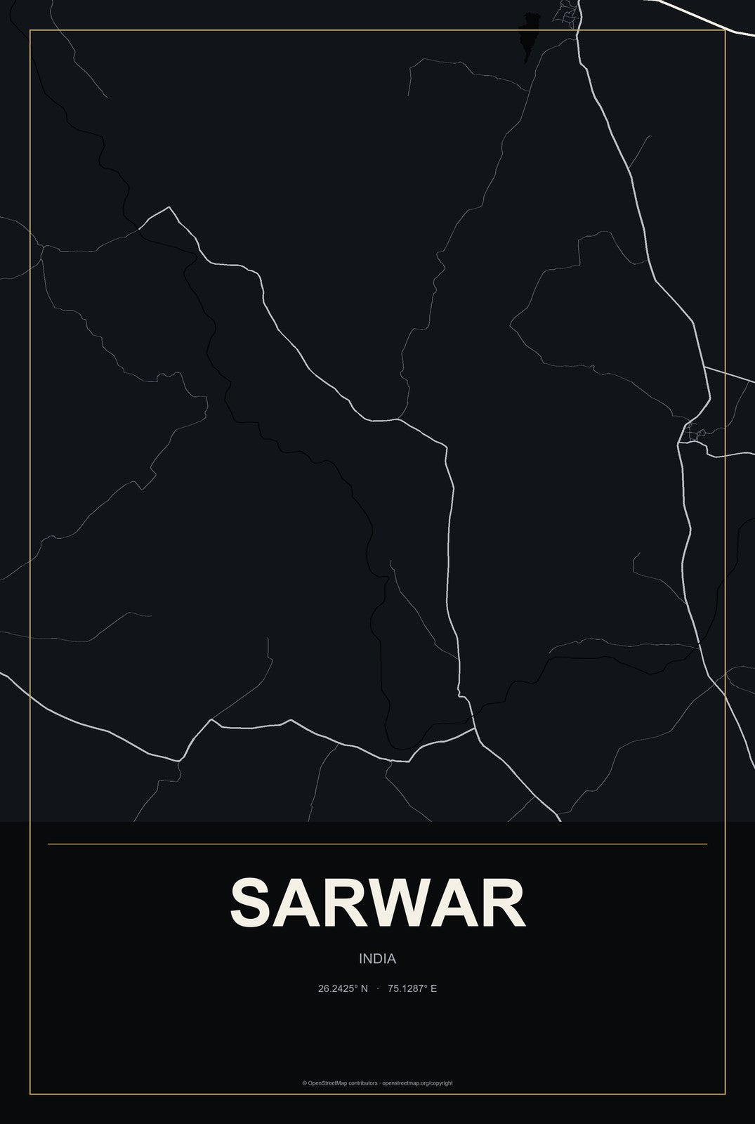 Sarwar, India City Map Aluminum Sign in Metropolitan Noir style