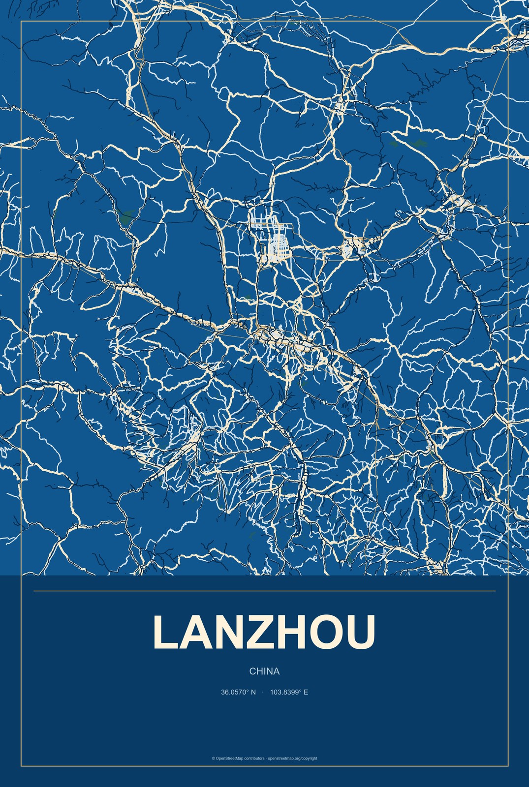 Lanzhou, China City Map Aluminum Sign in Harbor Cobalt style