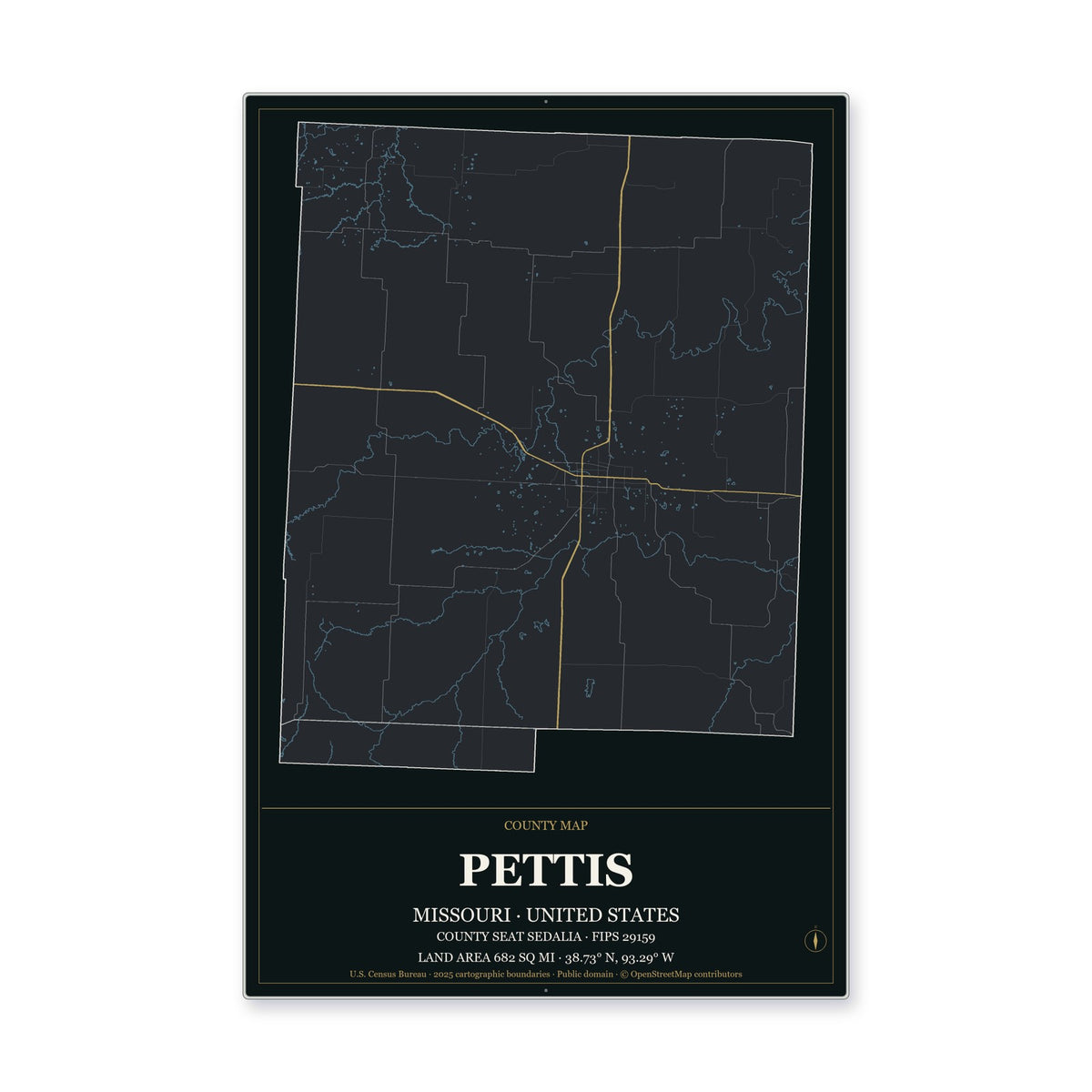Pettis County, Missouri Map Aluminum Sign in Metropolitan Noir style