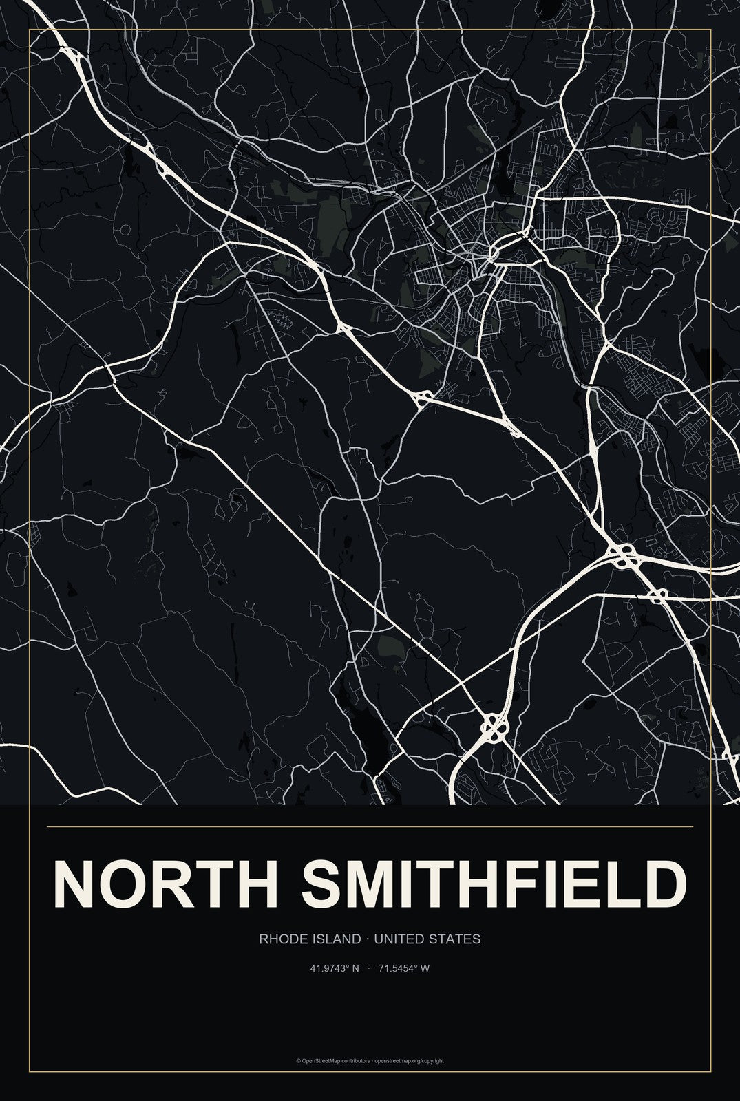 North Smithfield, Rhode Island City Map Aluminum Sign in Metropolitan Noir style