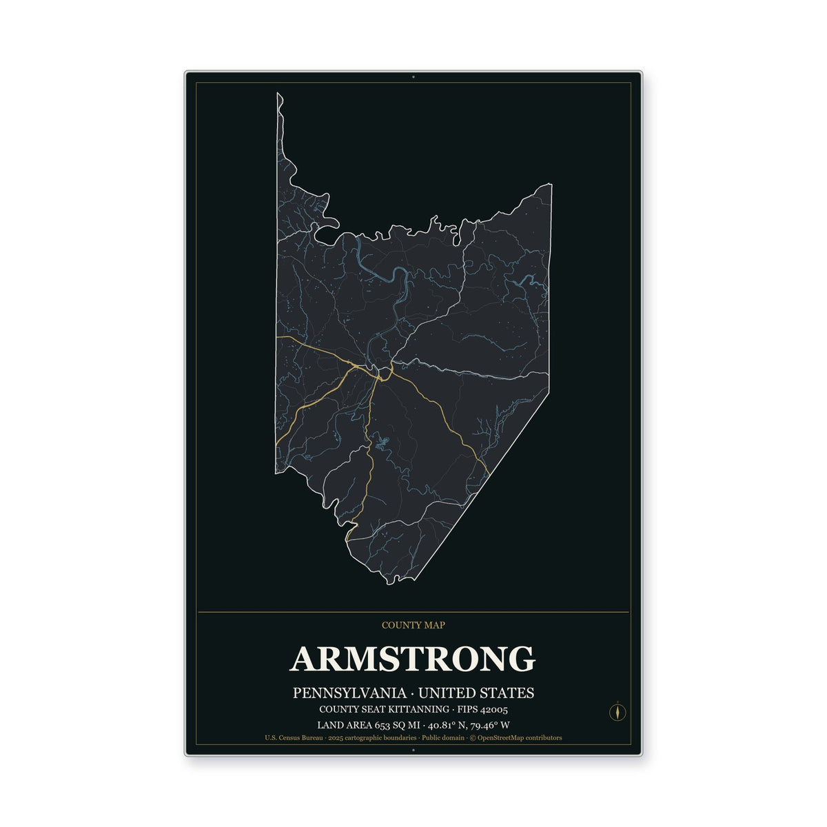 Armstrong County, Pennsylvania Map Aluminum Sign in Metropolitan Noir style