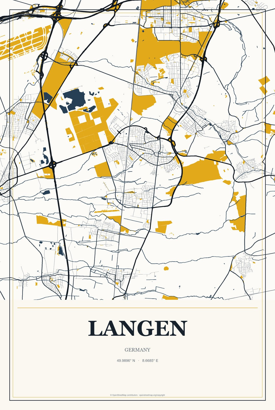 Langen, Hesse, Germany City Map Aluminum Sign in Citrine Modern style
