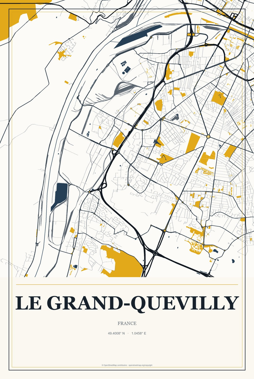 Le Grand-Quevilly, France City Map Aluminum Sign in Citrine Modern style