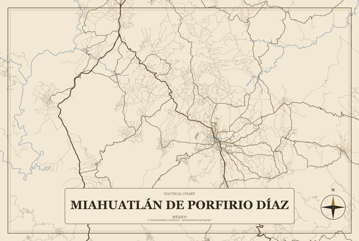 Miahuatlán de Porfirio Díaz, Mexico City Map Aluminum Sign in Heritage Nautical style