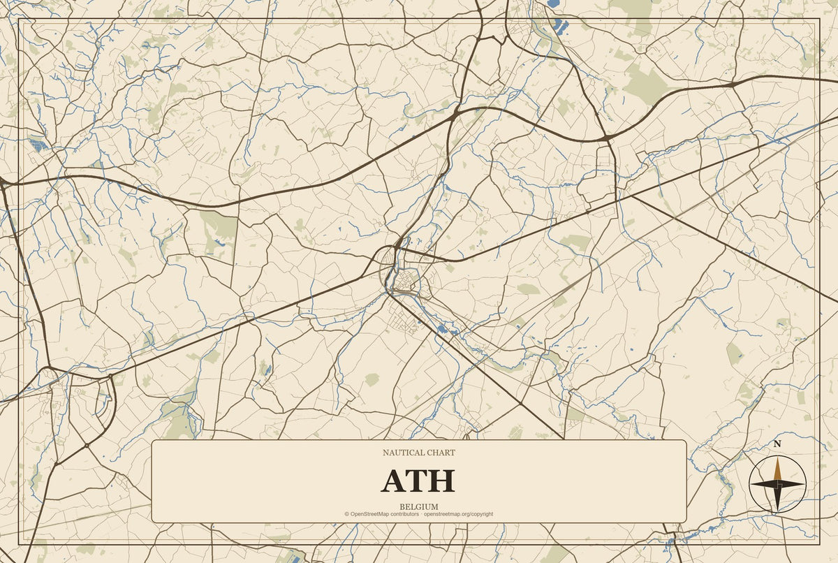 Ath, Belgium City Map Aluminum Sign in Heritage Nautical style