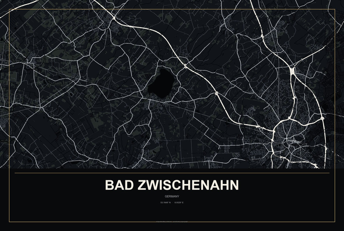 Bad Zwischenahn, Germany City Map Aluminum Sign in Metropolitan Noir style