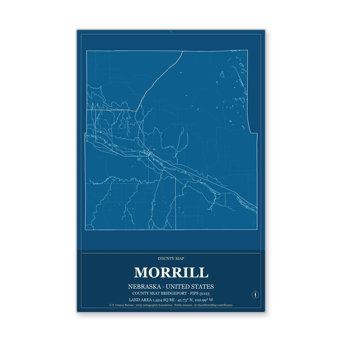 Morrill County, Nebraska Map Aluminum Sign in Harbor Cobalt style