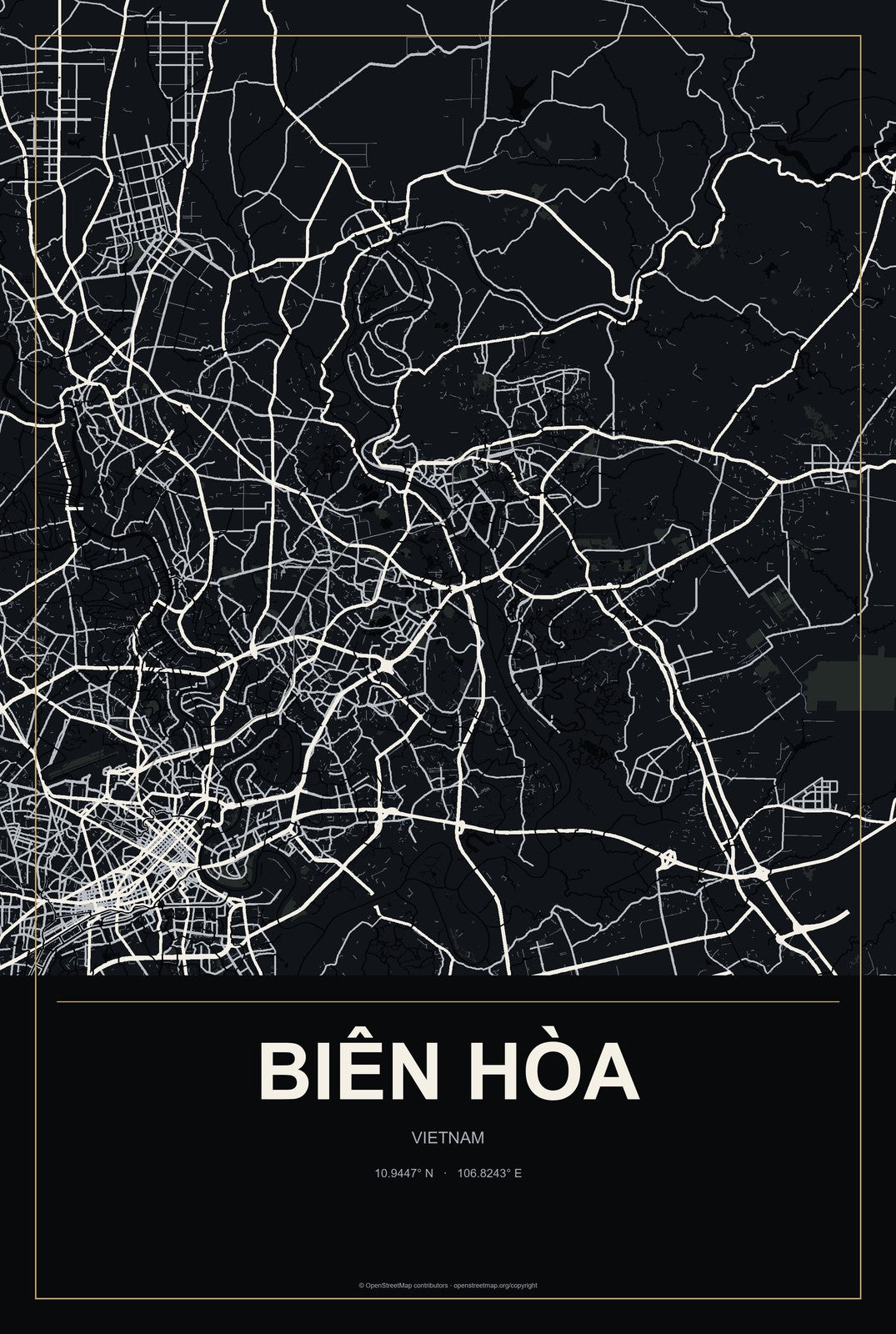 Biên Hòa, Vietnam City Map Aluminum Sign in Metropolitan Noir style