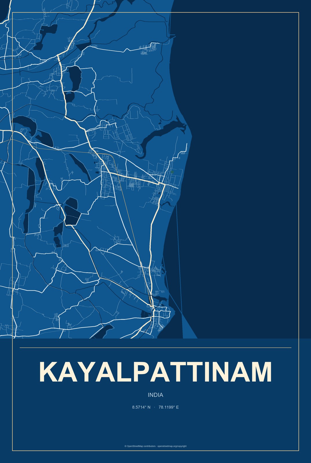 Kayalpattinam, India City Map Aluminum Sign in Harbor Cobalt style