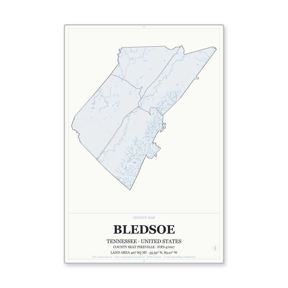 Bledsoe County, Tennessee Map Aluminum Sign in Gallery Air style