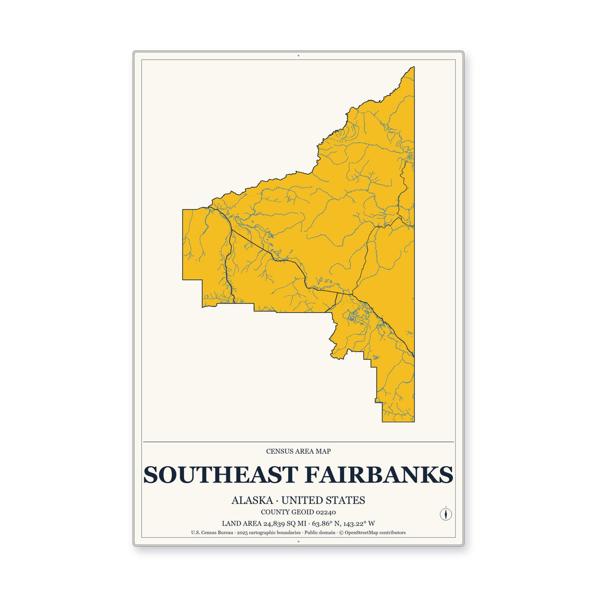 Southeast Fairbanks Census Area, Alaska Map Aluminum Sign in Citrine Modern style