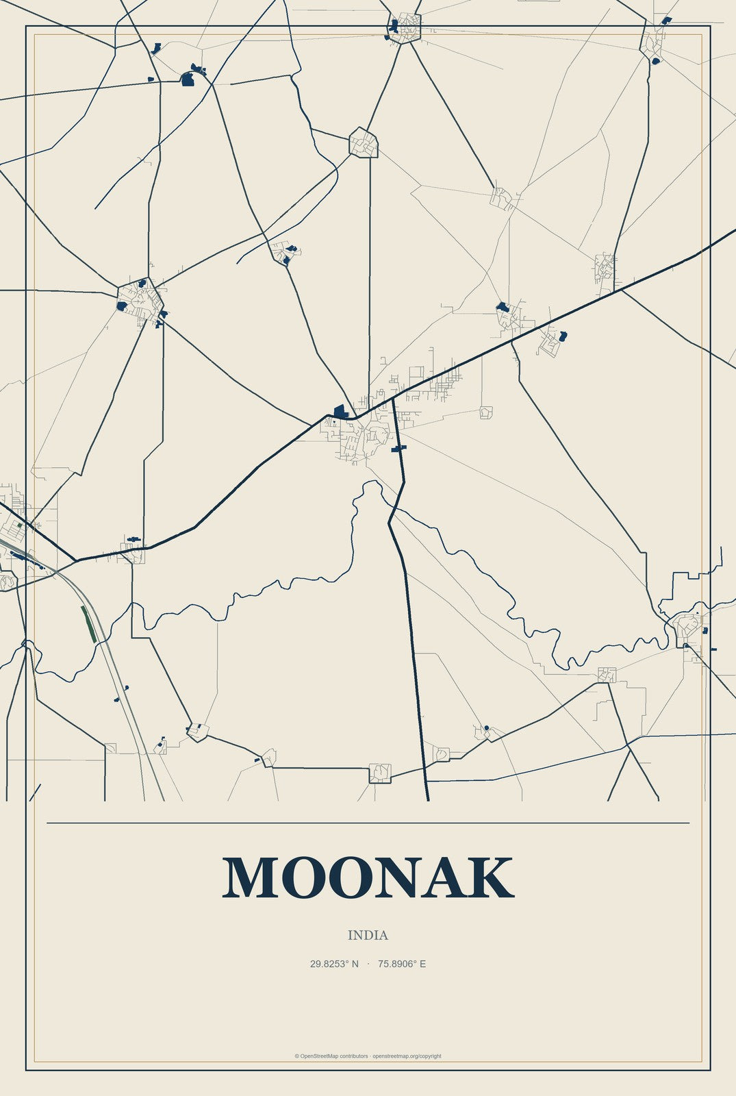 Moonak, India City Map Aluminum Sign in Coastal Cutout style