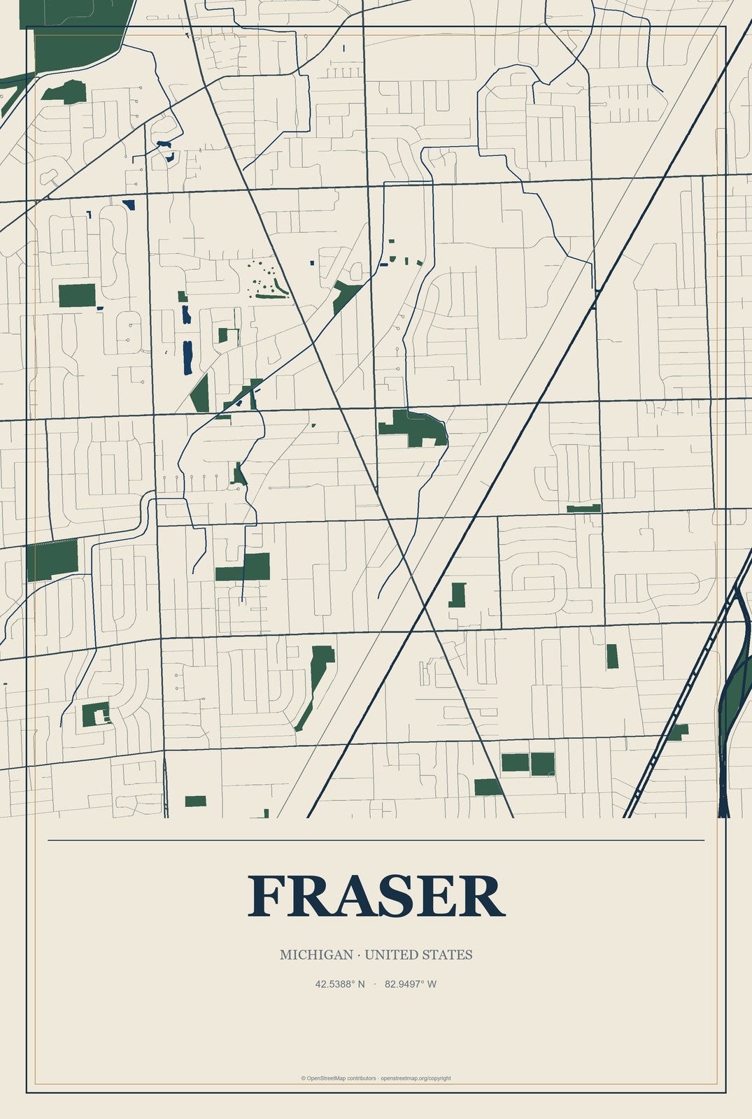 Fraser, Michigan City Map Aluminum Sign in Coastal Cutout style