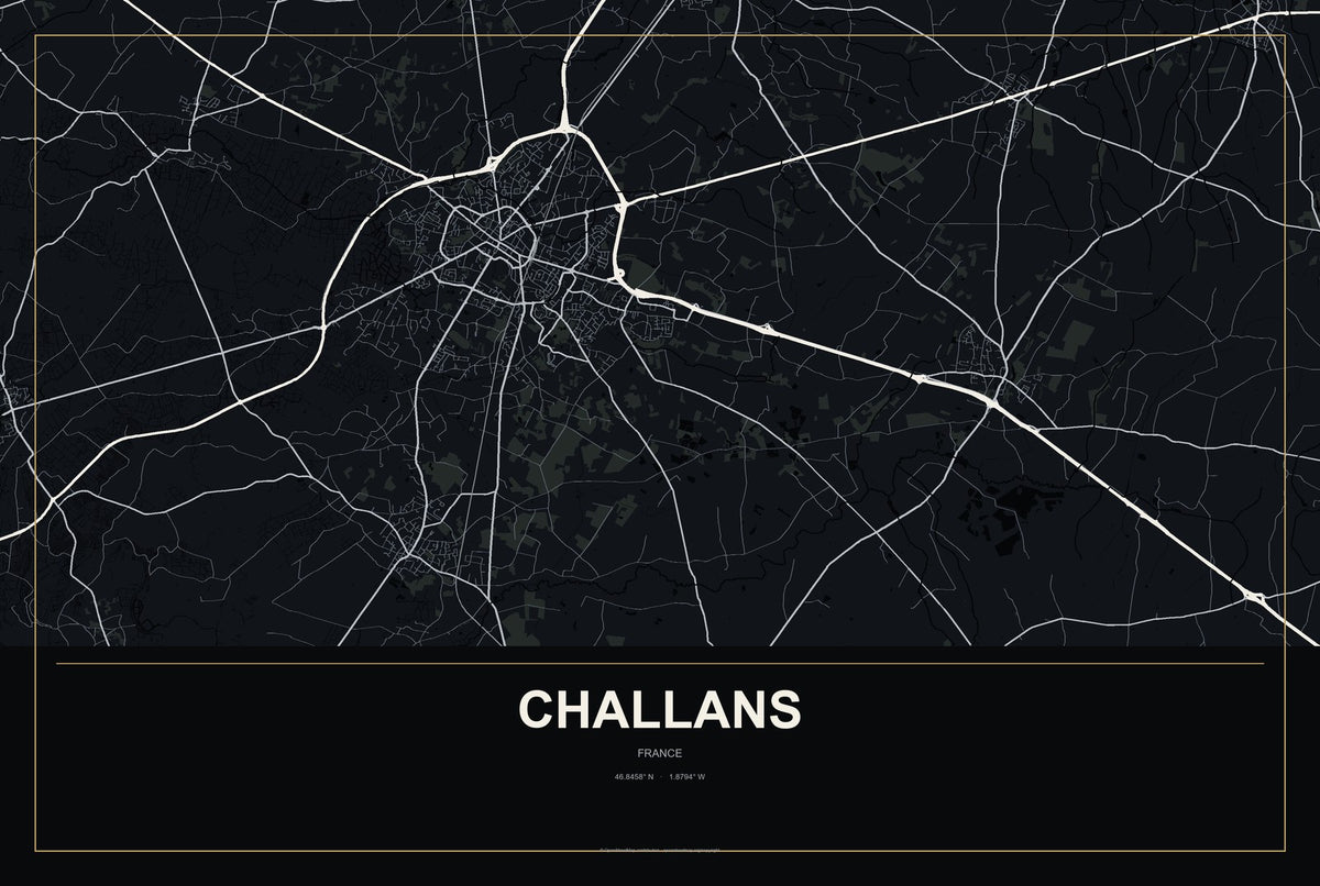 Challans, France City Map Aluminum Sign in Metropolitan Noir style