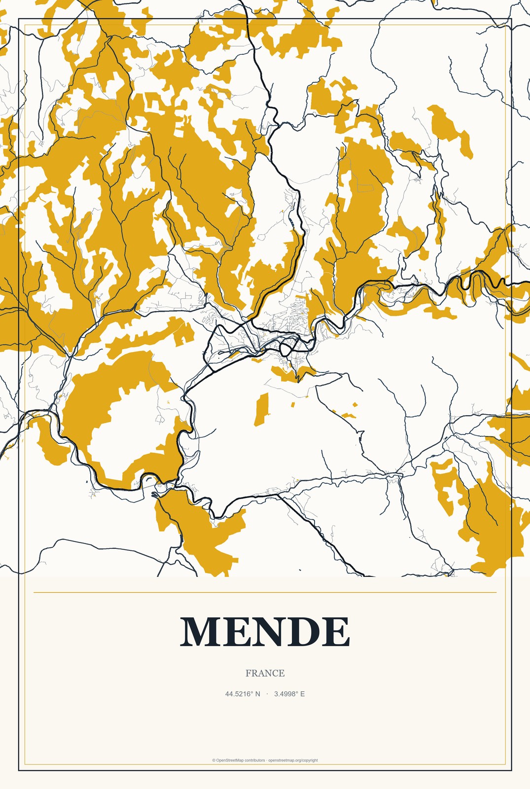 Mende, France City Map Aluminum Sign in Citrine Modern style