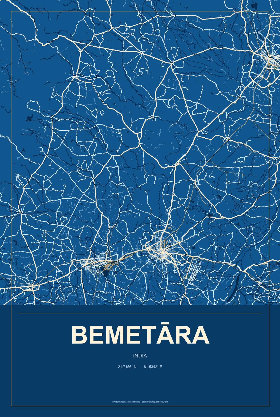 Bemetāra, India City Map Aluminum Sign in Harbor Cobalt style