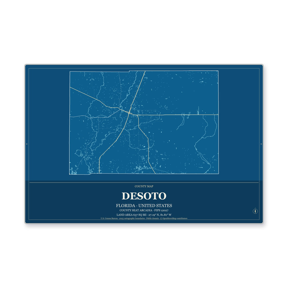 DeSoto County, Florida Map Aluminum Sign in Harbor Cobalt style