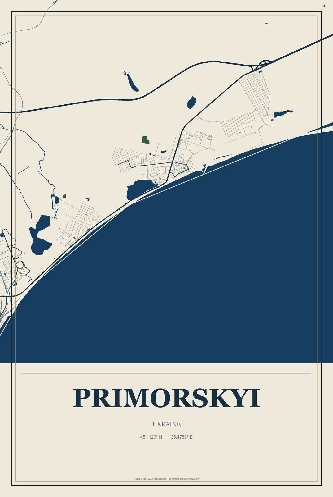 Primorskyi, Ukraine City Map Aluminum Sign in Coastal Cutout style