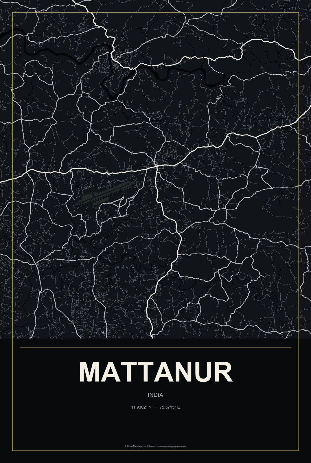 Mattanur, India City Map Aluminum Sign in Metropolitan Noir style