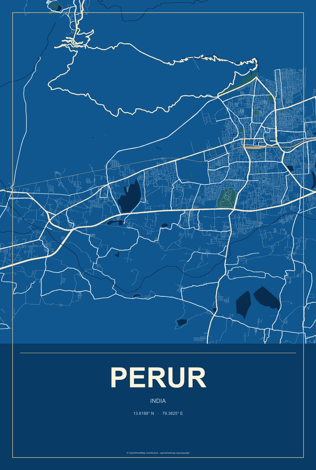 Perur, India City Map Aluminum Sign in Harbor Cobalt style