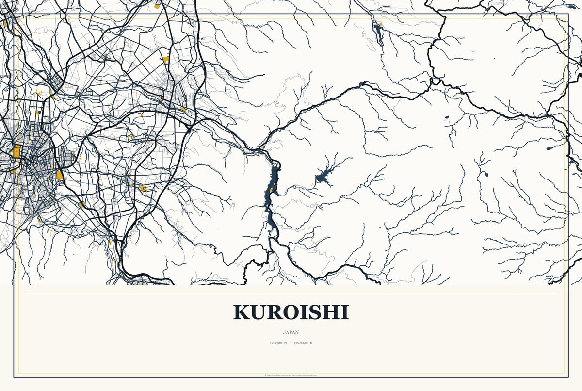 Kuroishi, Japan City Map Aluminum Sign in Citrine Modern style