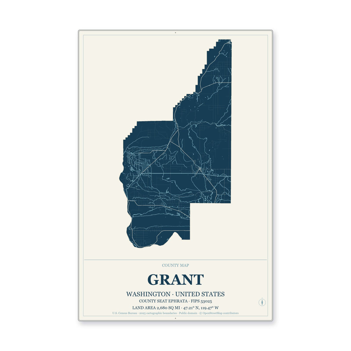 Grant County, Washington Map Aluminum Sign in Coastal Cutout style