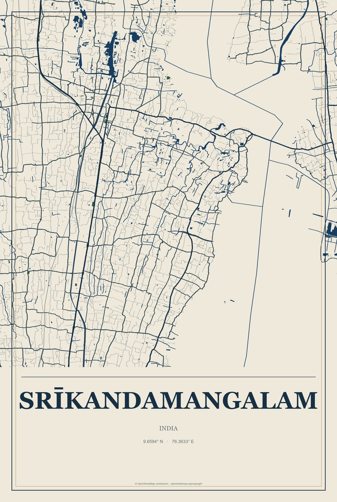 Srīkandamangalam, India City Map Aluminum Sign in Coastal Cutout style