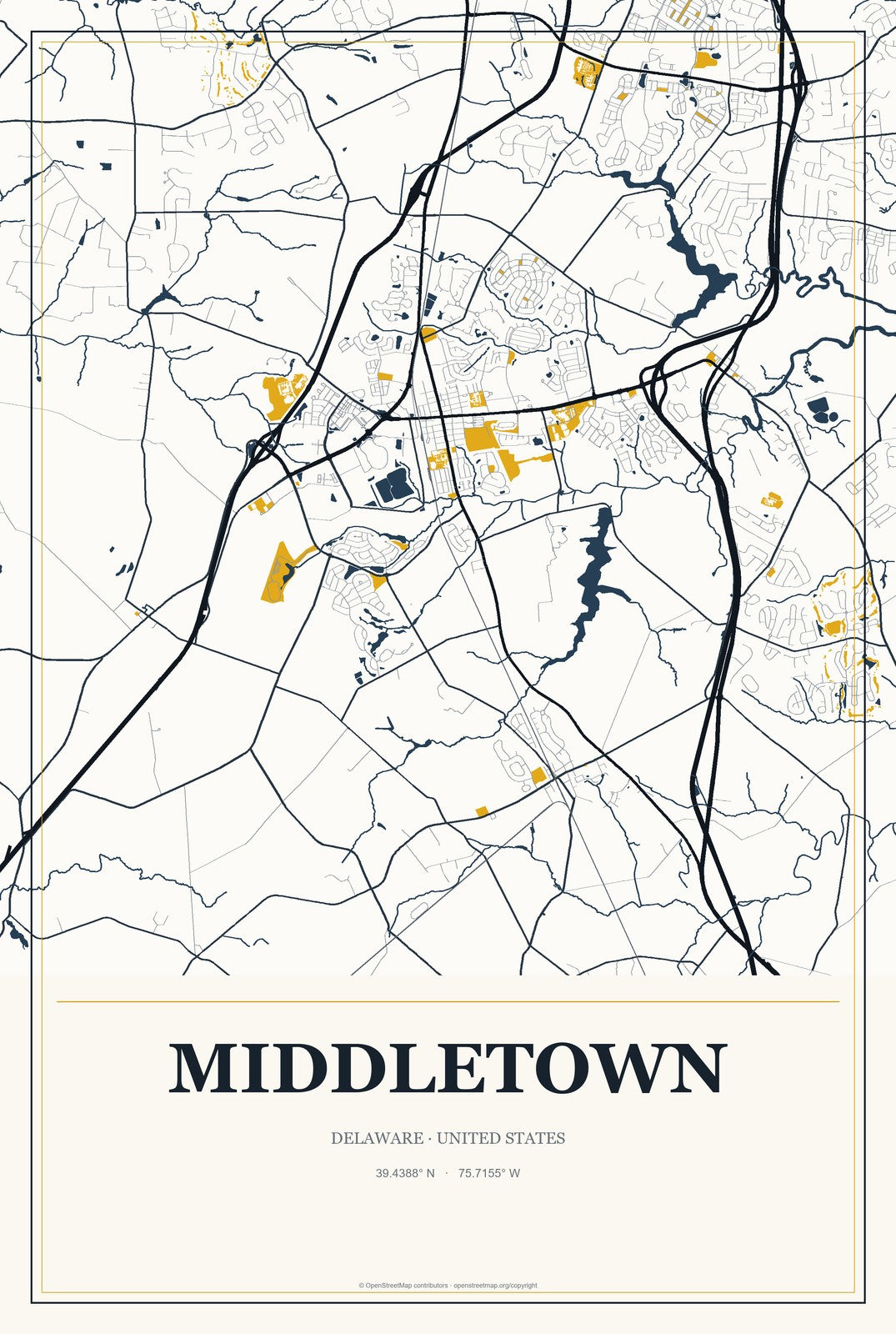 Middletown, Delaware City Map Aluminum Sign in Citrine Modern style