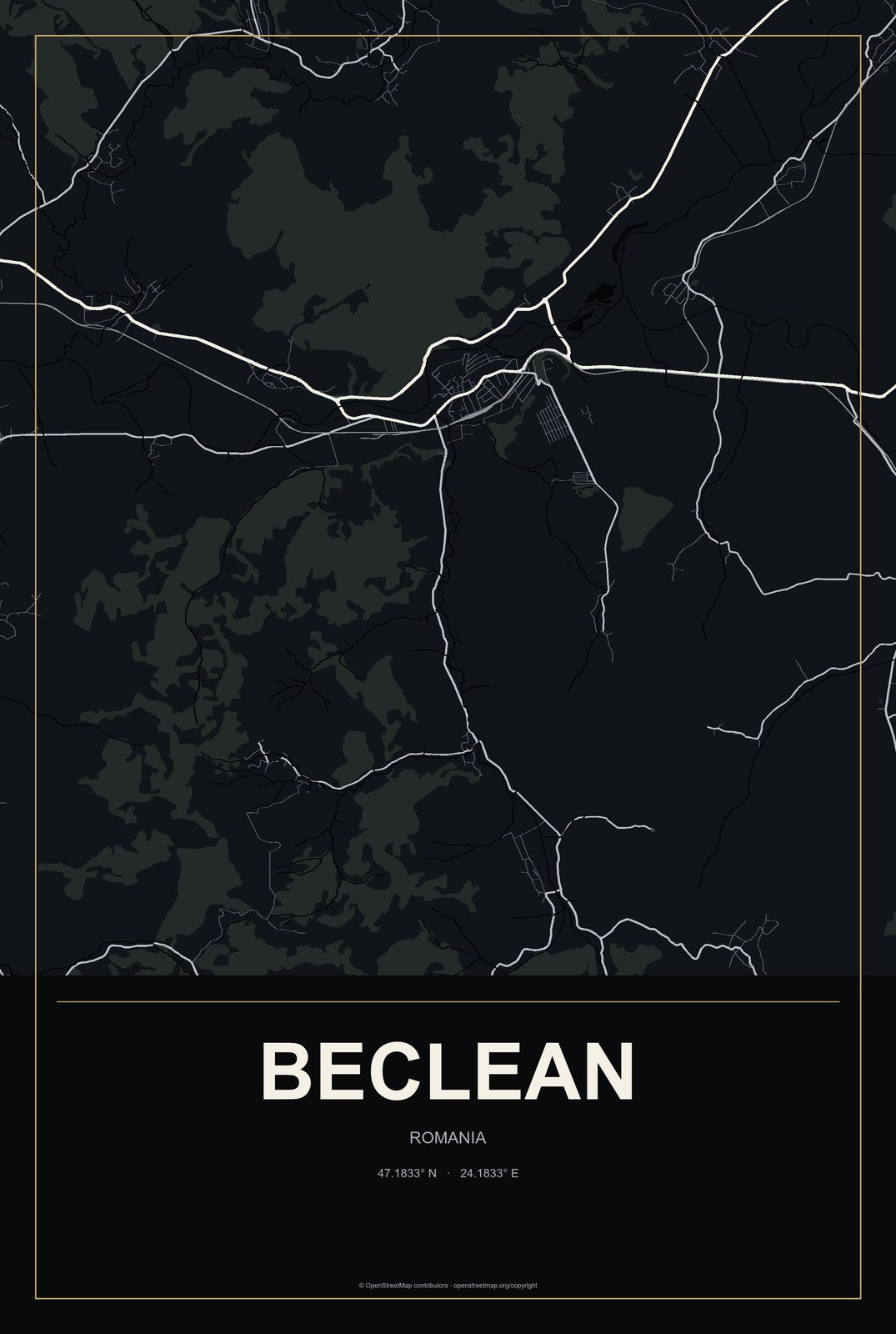 Beclean, Romania City Map Aluminum Sign in Metropolitan Noir style