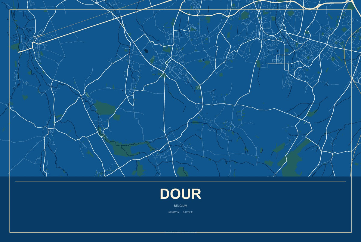 Dour, Belgium City Map Aluminum Sign in Harbor Cobalt style