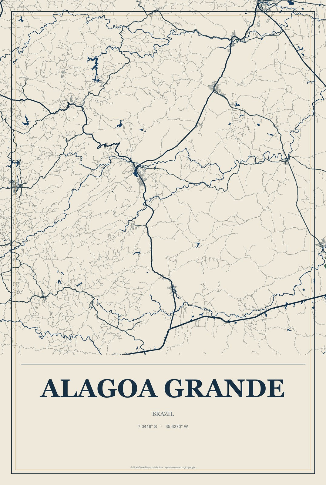 Alagoa Grande, Brazil City Map Aluminum Sign in Coastal Cutout style