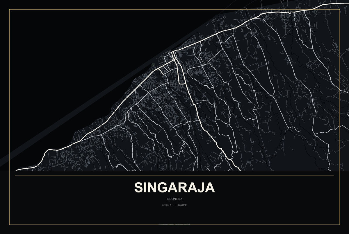 Singaraja, Indonesia City Map Aluminum Sign in Metropolitan Noir style