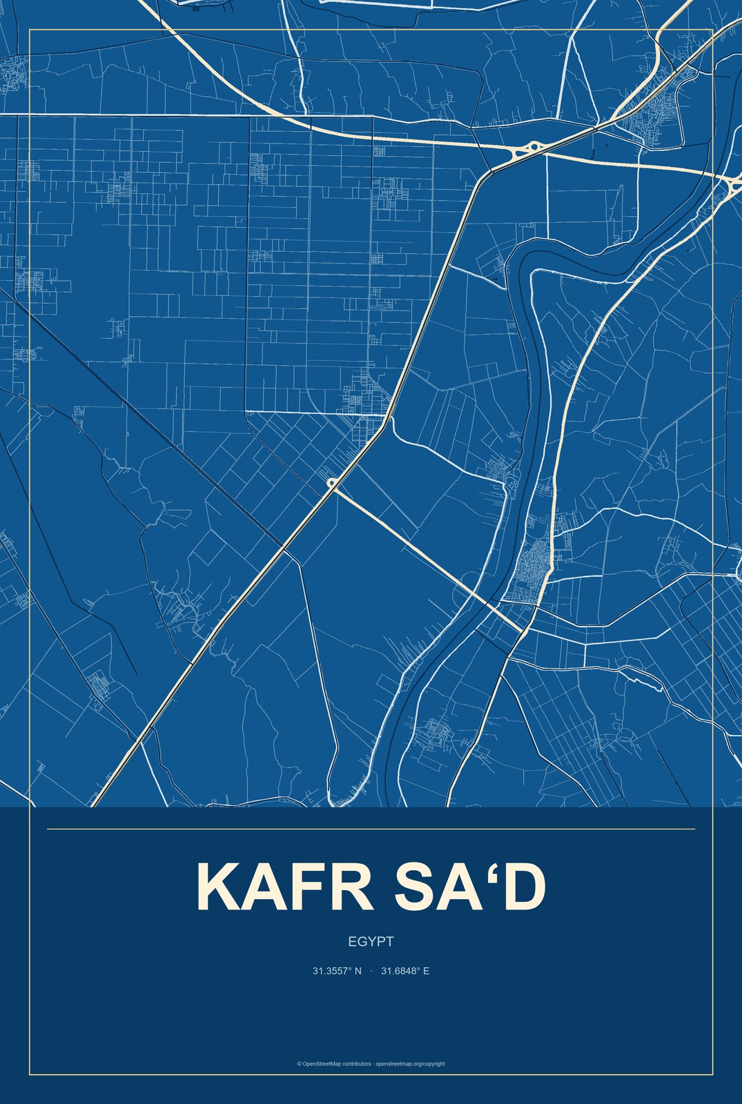 Kafr Sa‘d, Egypt City Map Aluminum Sign in Harbor Cobalt style