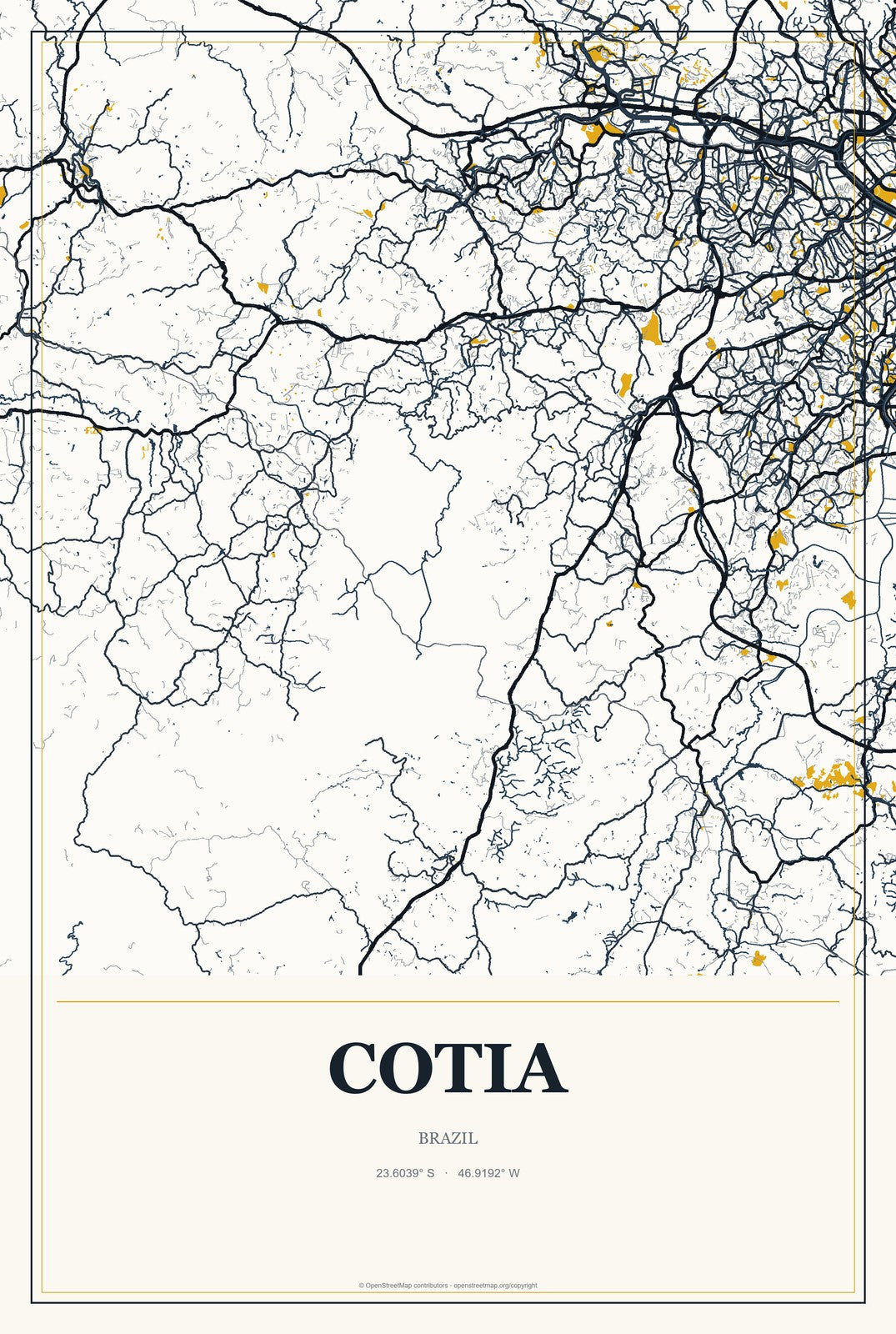 Cotia, Brazil City Map Aluminum Sign in Citrine Modern style