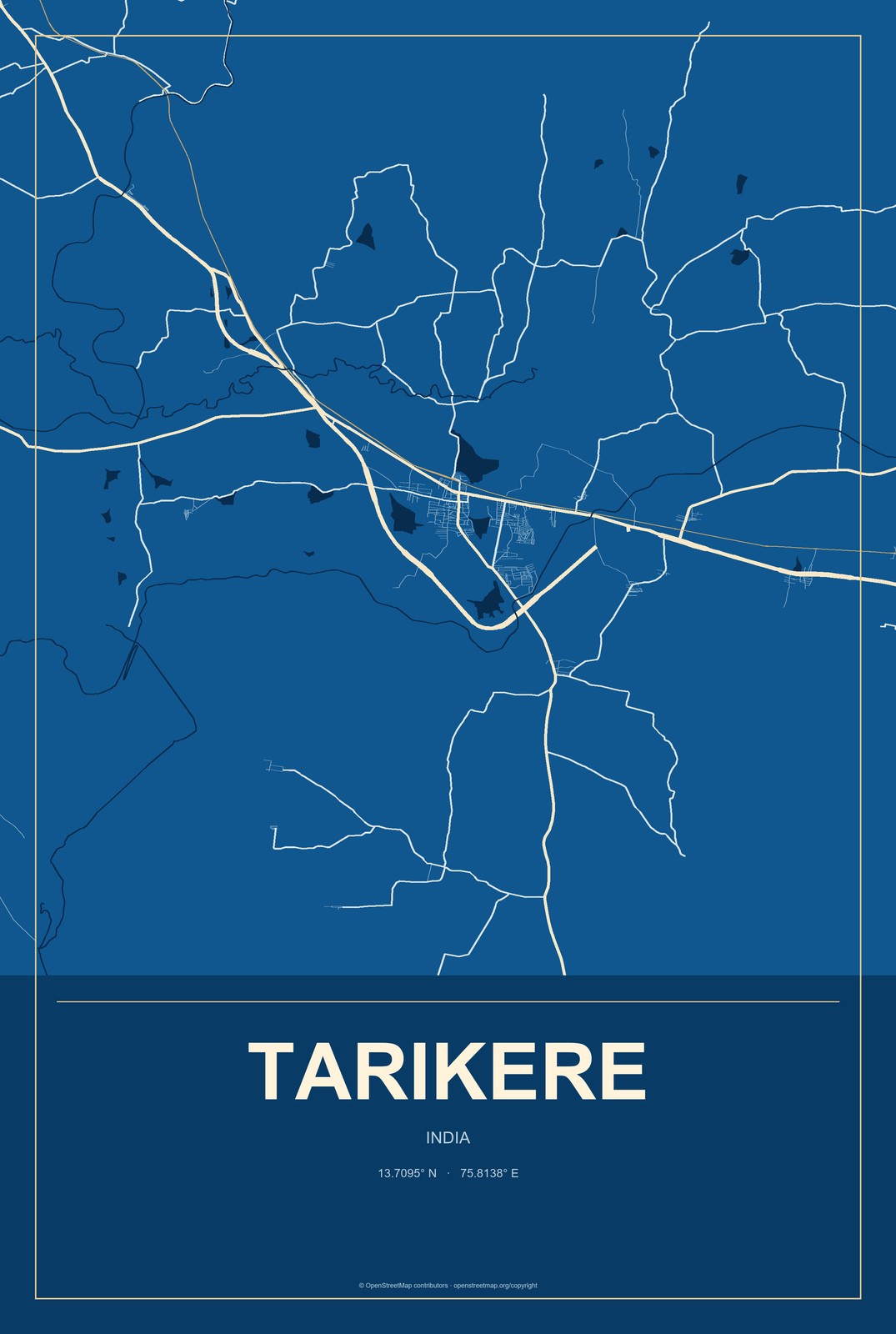 Tarikere, India City Map Aluminum Sign in Harbor Cobalt style