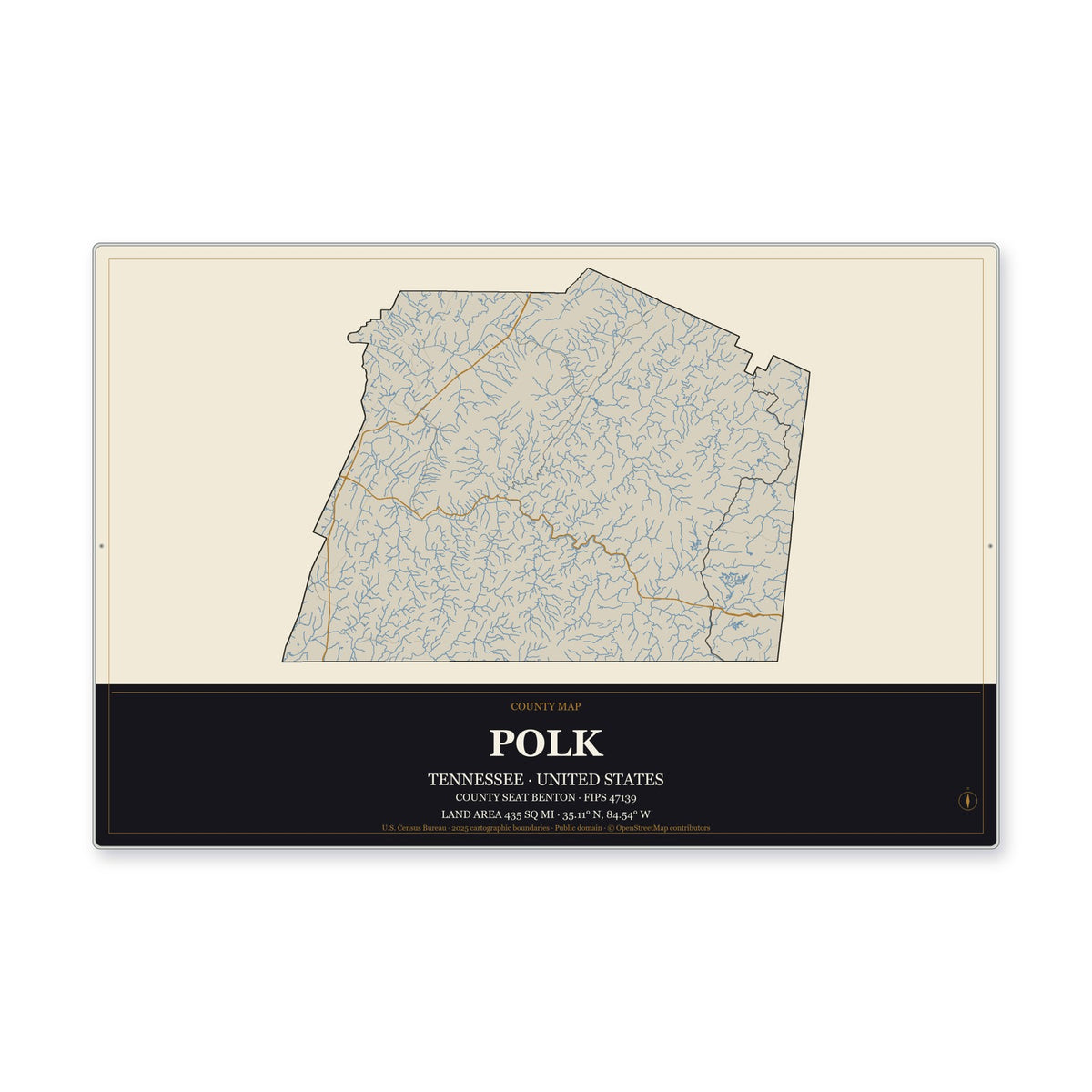 Polk County, Tennessee Map Aluminum Sign in Museum Plaque style