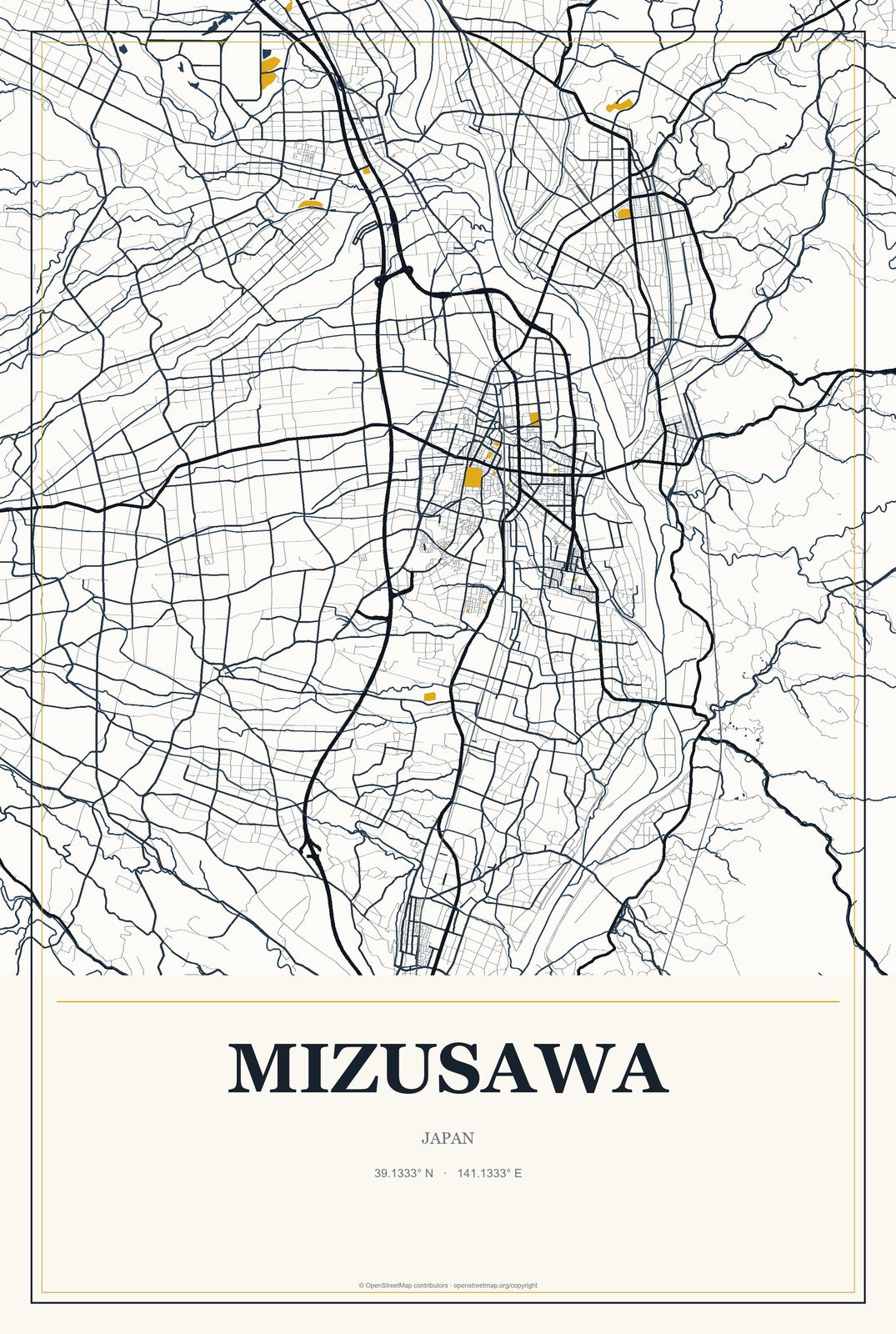 Mizusawa, Japan City Map Aluminum Sign in Citrine Modern style