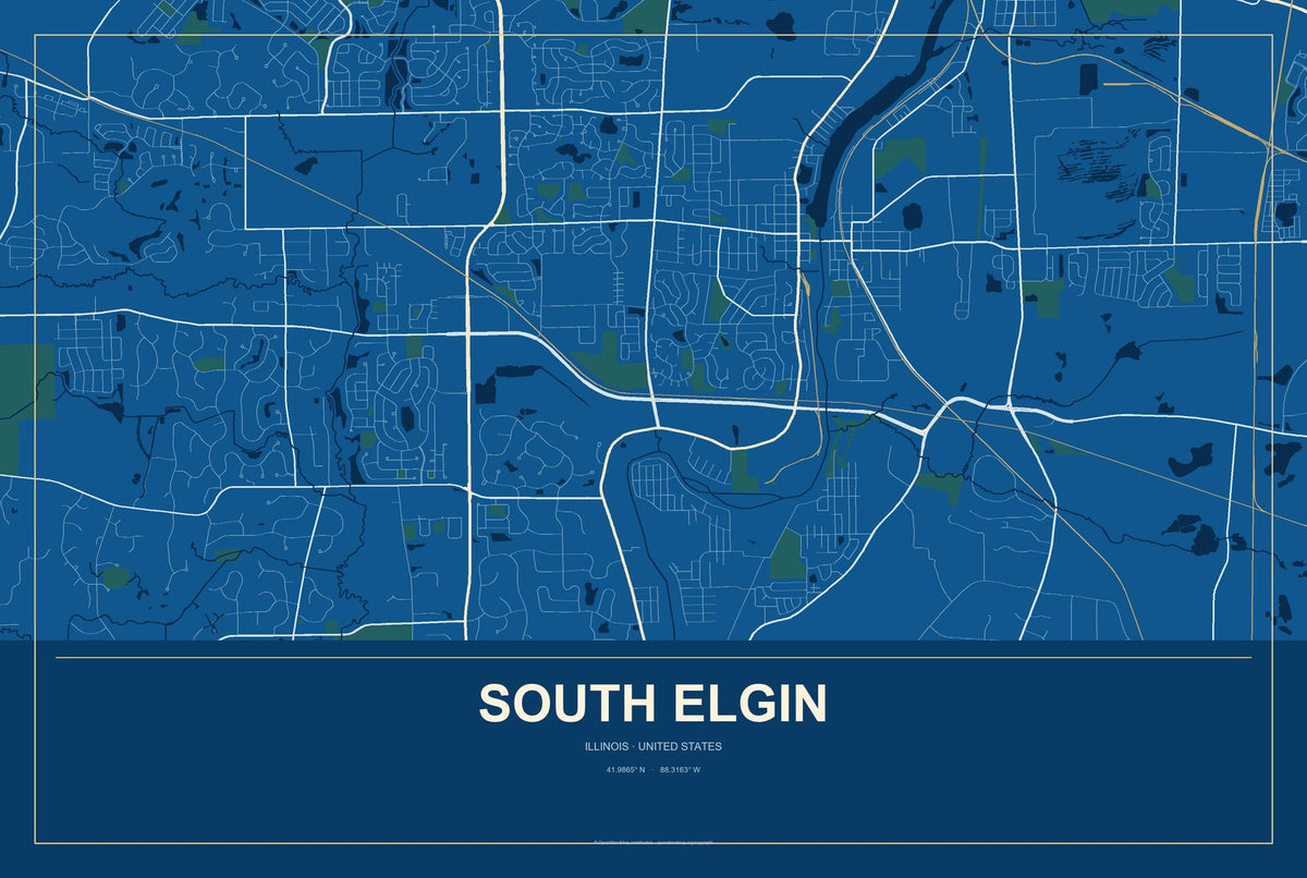 South Elgin, Illinois City Map Aluminum Sign in Harbor Cobalt style
