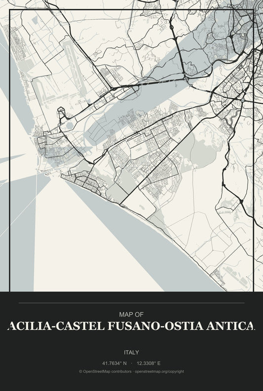 Acilia-Castel Fusano-Ostia Antica, Italy City Map Aluminum Sign in Museum Plaque style