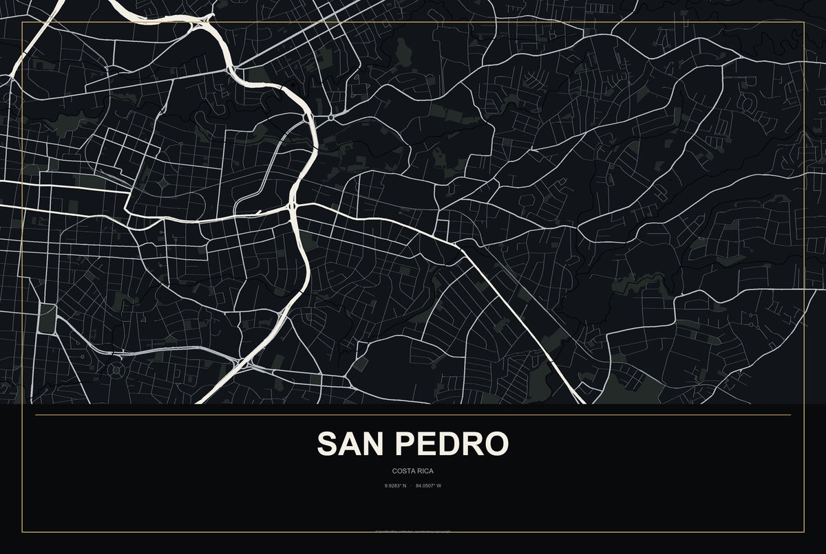 San Pedro, Costa Rica City Map Aluminum Sign in Metropolitan Noir style